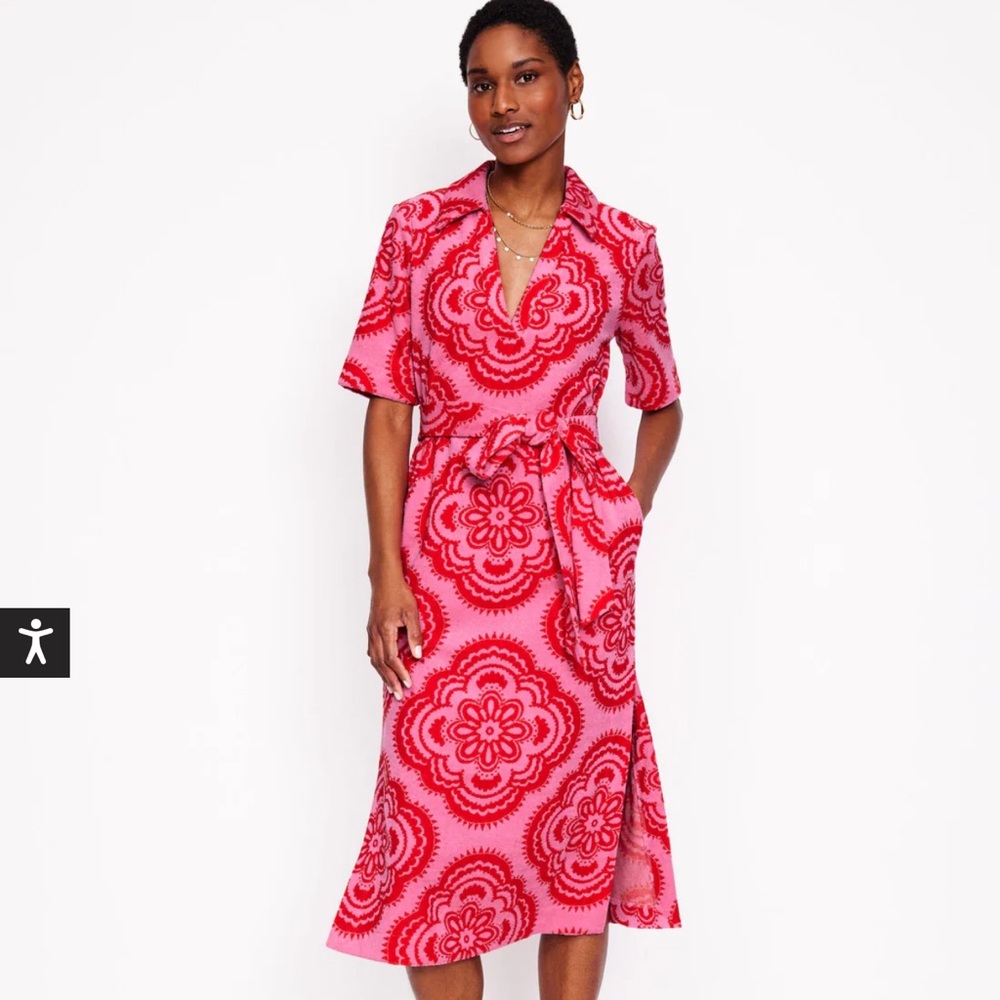 Boden Vibrant Red Patterned Notch Terry Dress